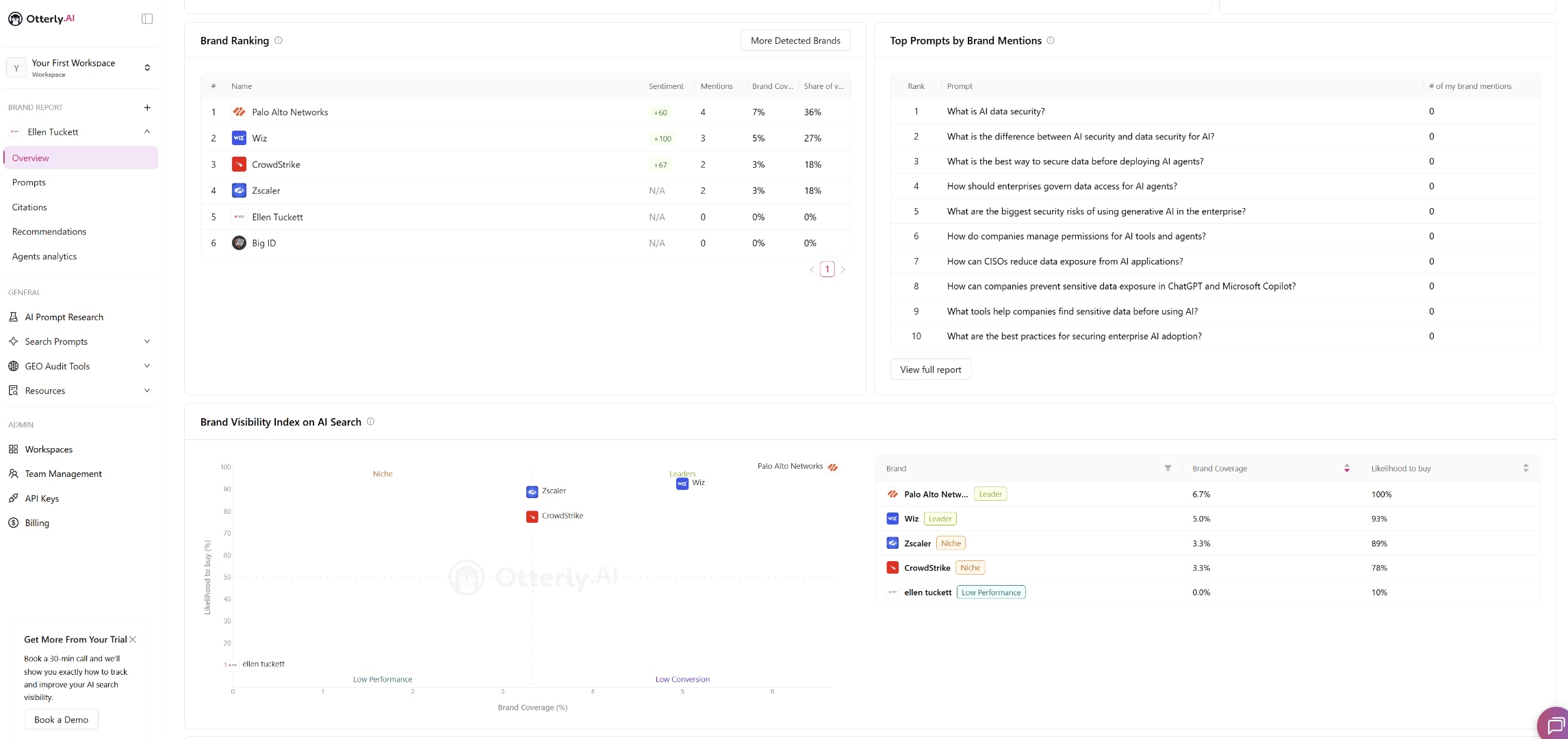 Otterly overview dashboard showing brand ranking and prompt-level coverage